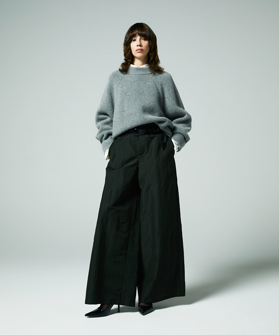 EAUVIRE ストライプワイドパンツ カーキストライプ