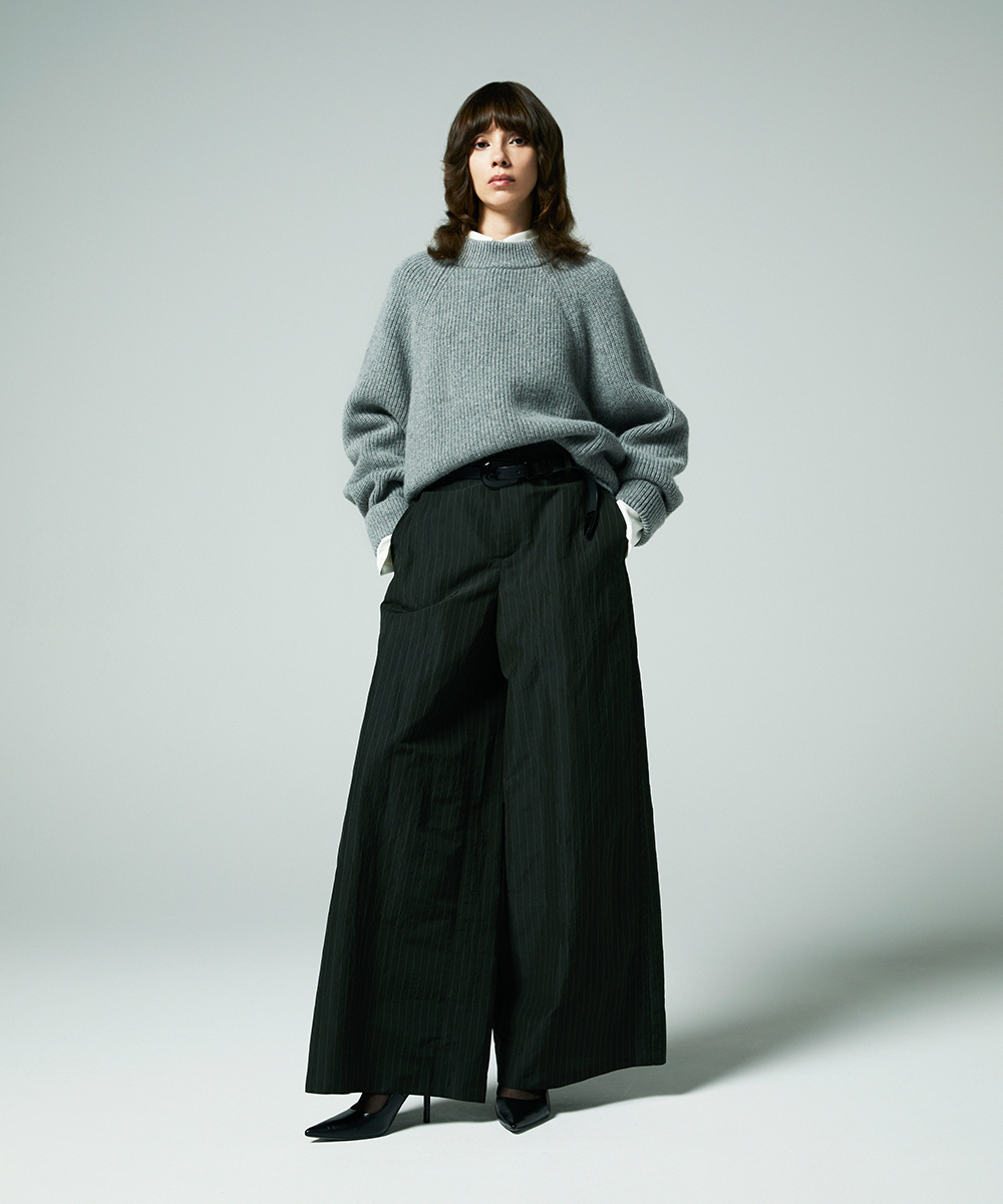 EAUVIRE ストライプワイドパンツ カーキストライプ