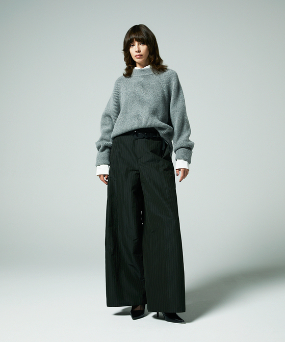 EAUVIRE ストライプワイドパンツ カーキストライプ