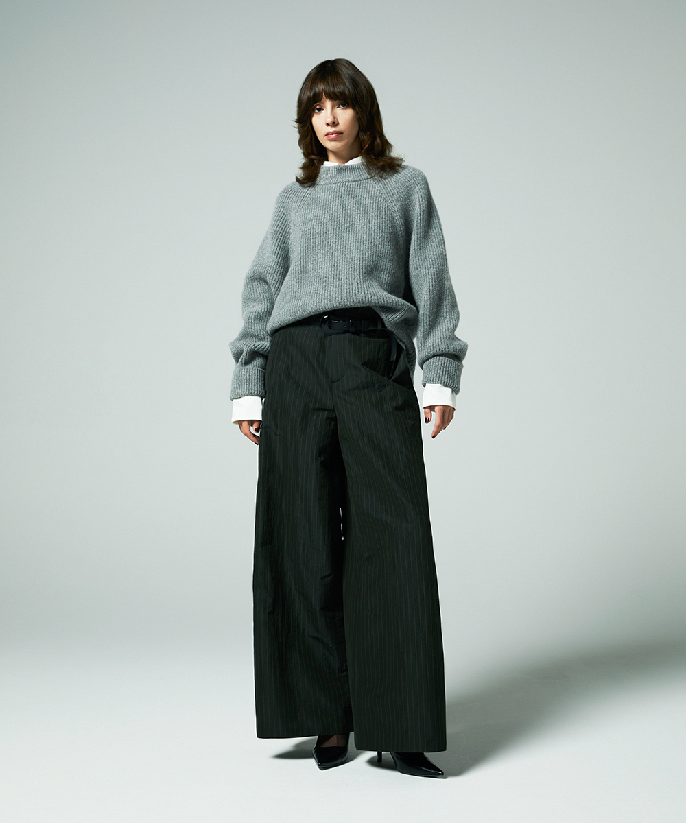 EAUVIRE ストライプワイドパンツ カーキストライプ