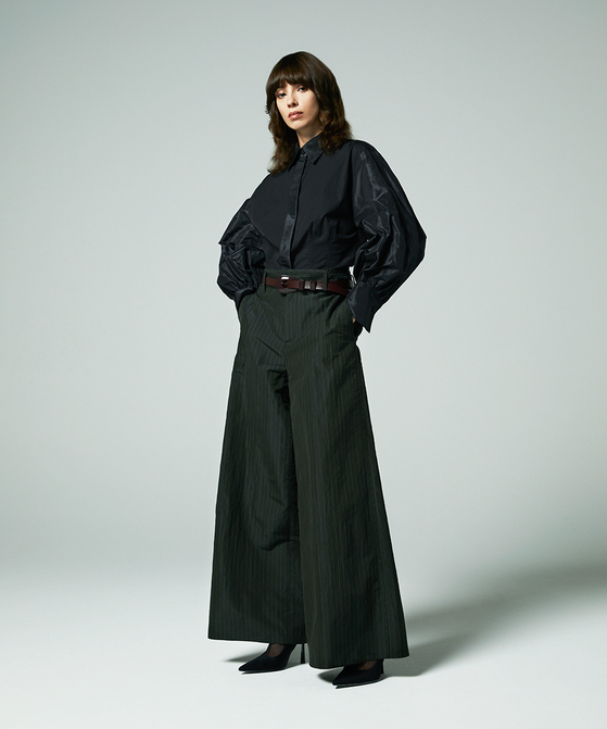 EAUVIRE ストライプワイドパンツ カーキストライプ