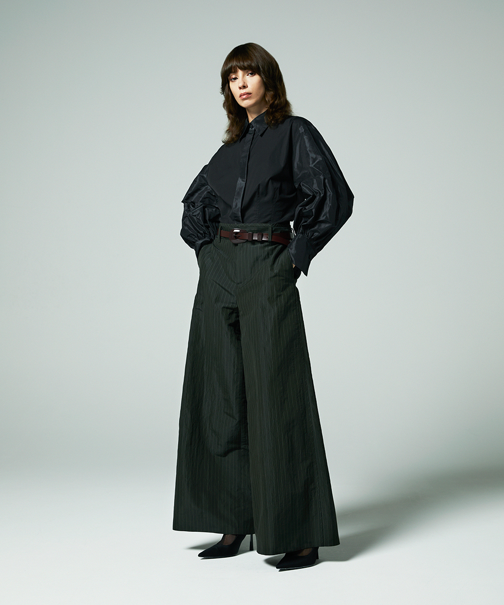 EAUVIRE ストライプワイドパンツ カーキストライプ