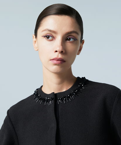 EAUVIRE ビジュー付きクルーネックカーディガン ネイビー