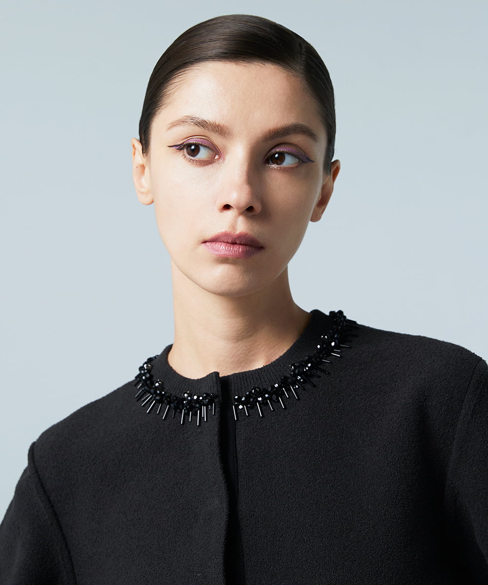 EAUVIRE ビジュー付きクルーネックカーディガン ネイビー