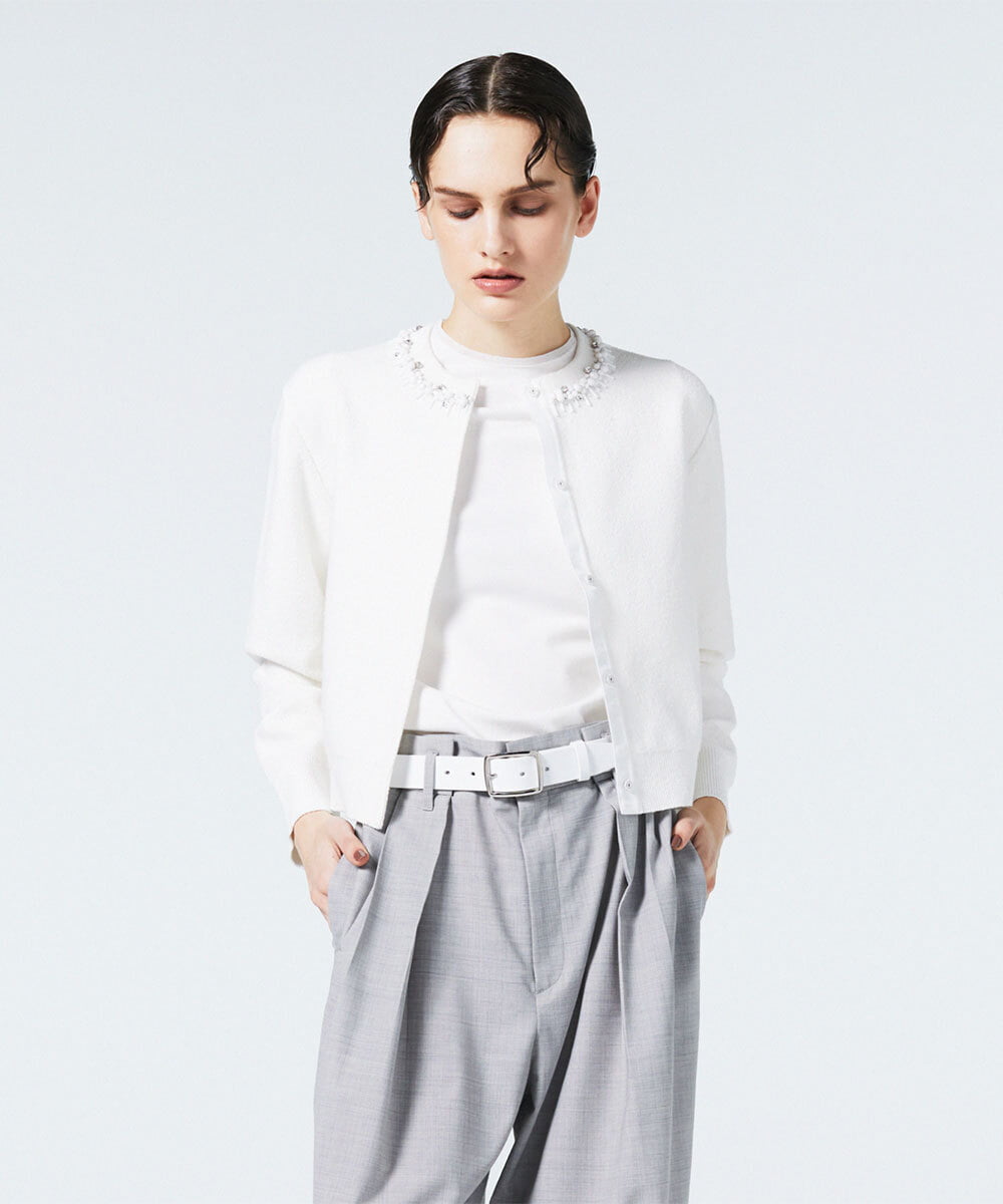 EAUVIRE ビジュー付きクルーネックカーディガン ネイビー