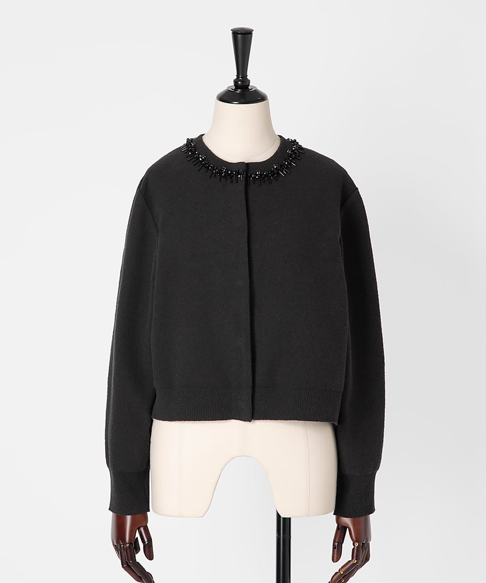 EAUVIRE ビジュー付きクルーネックカーディガン ネイビー