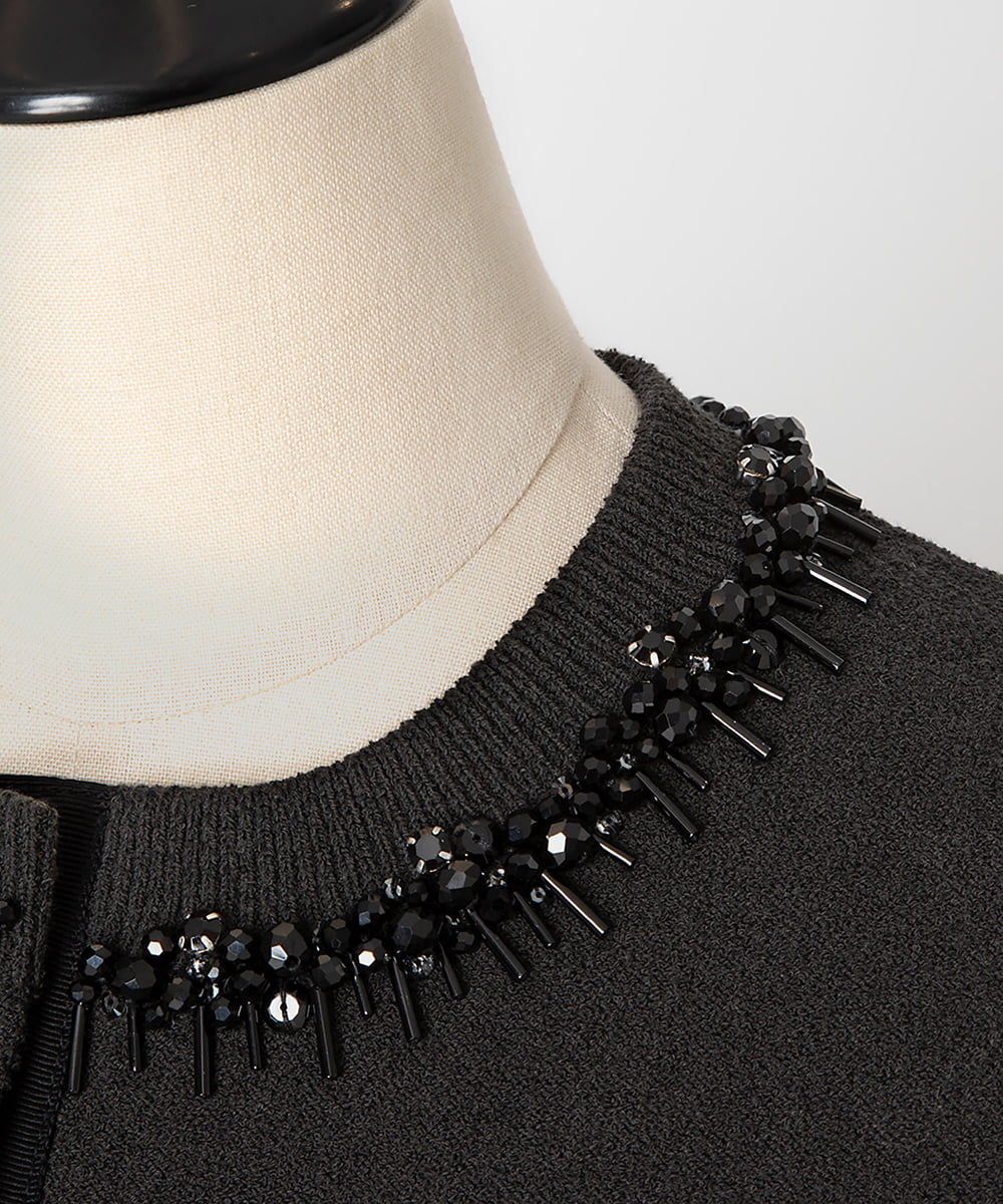 EAUVIRE ビジュー付きクルーネックカーディガン ネイビー