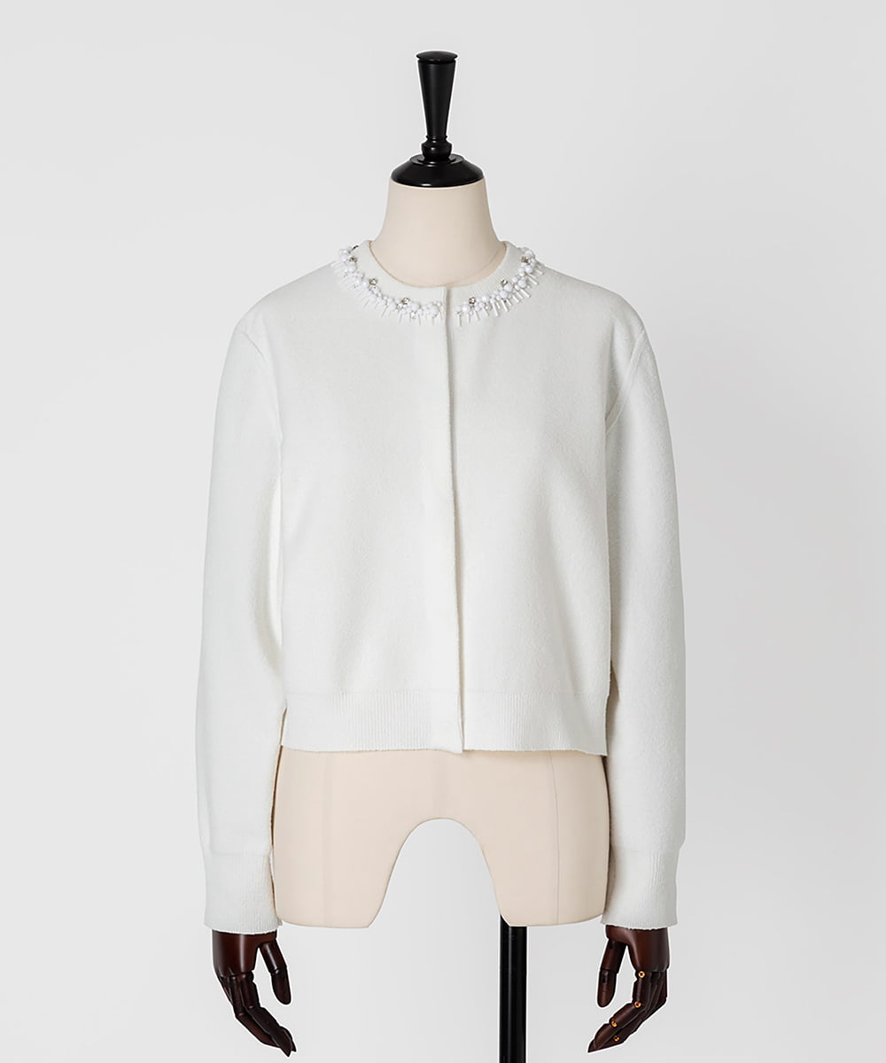 EAUVIRE ビジュー付きクルーネックカーディガン ホワイト